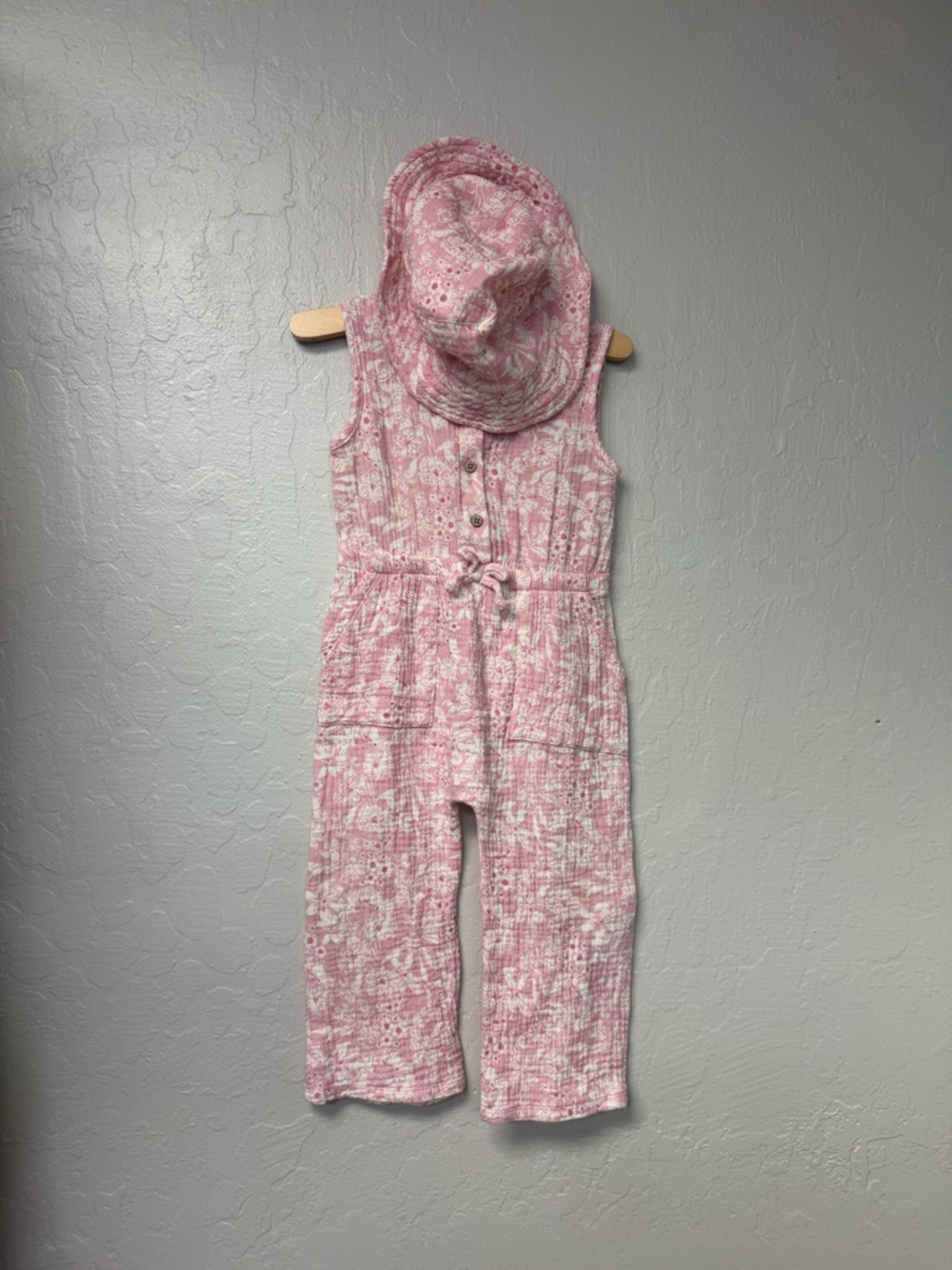$16 ADD ON Rabbit + bear pink floral jumpsuit romper matching hat jamie kay 3T